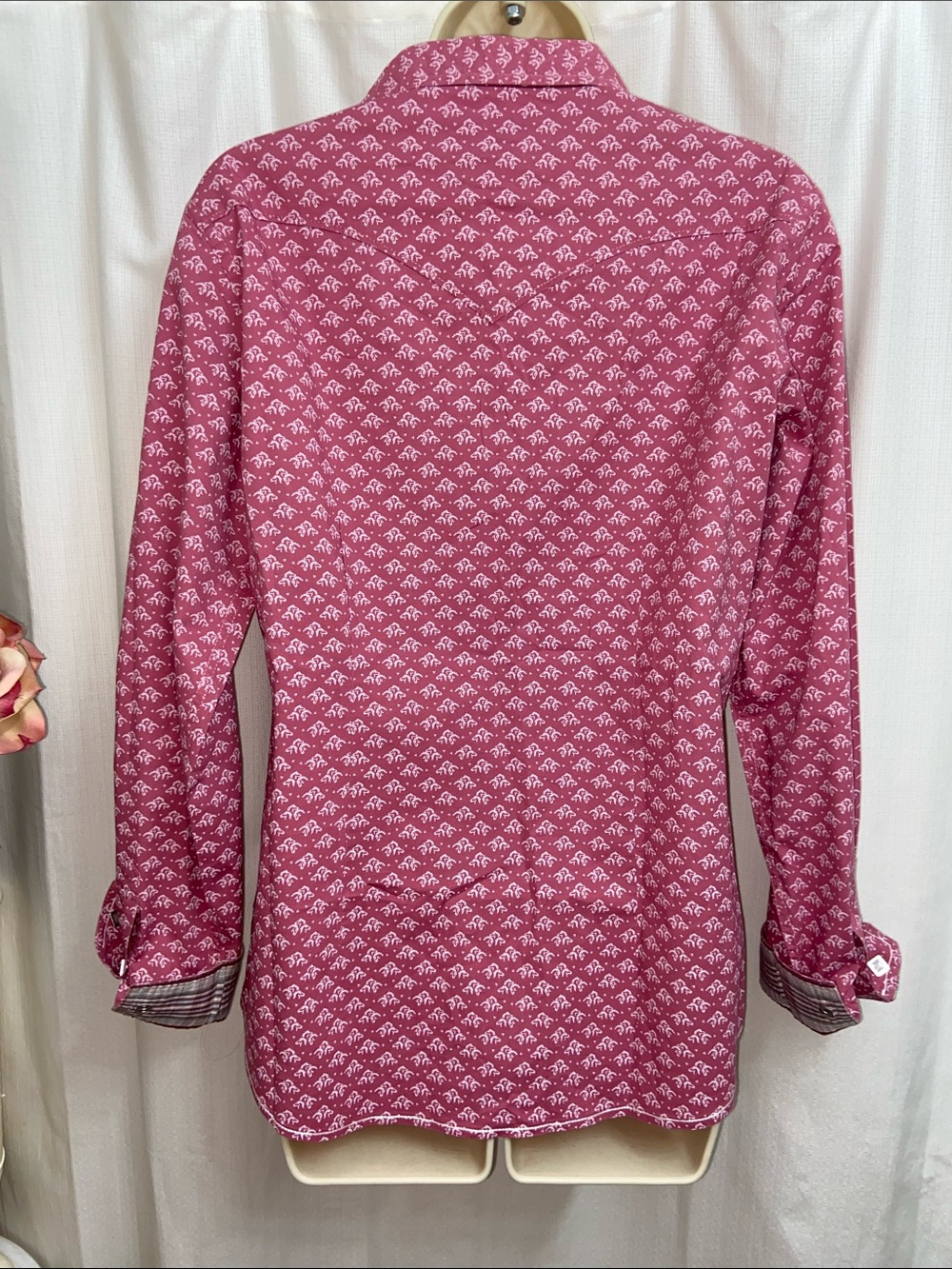 Panhandle Western Pearl Snap Cotton Shirt in Mauve Pink Horse Print - Picture 4 of 9